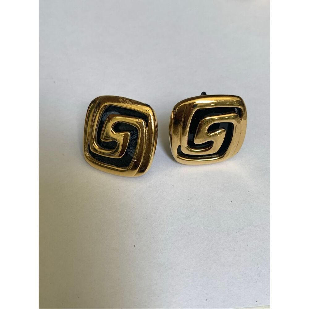 Earrings Vintage Black Gold Greek Key with Clip On Backs #Napier